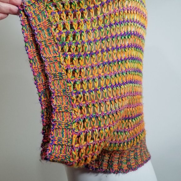 Lipstick Cropped Open Knit Sweater 80s Large Short Sleeve Dance Yellow Blue Purp - Picture 7 of 9